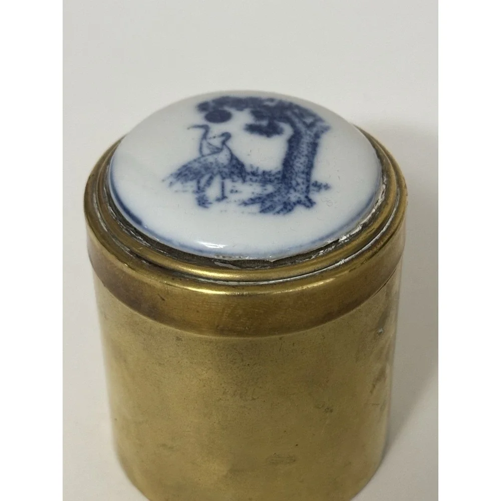 Round Brass Container with Removable Ceramic Painted Chinoiserie 2 Cranes Lid
